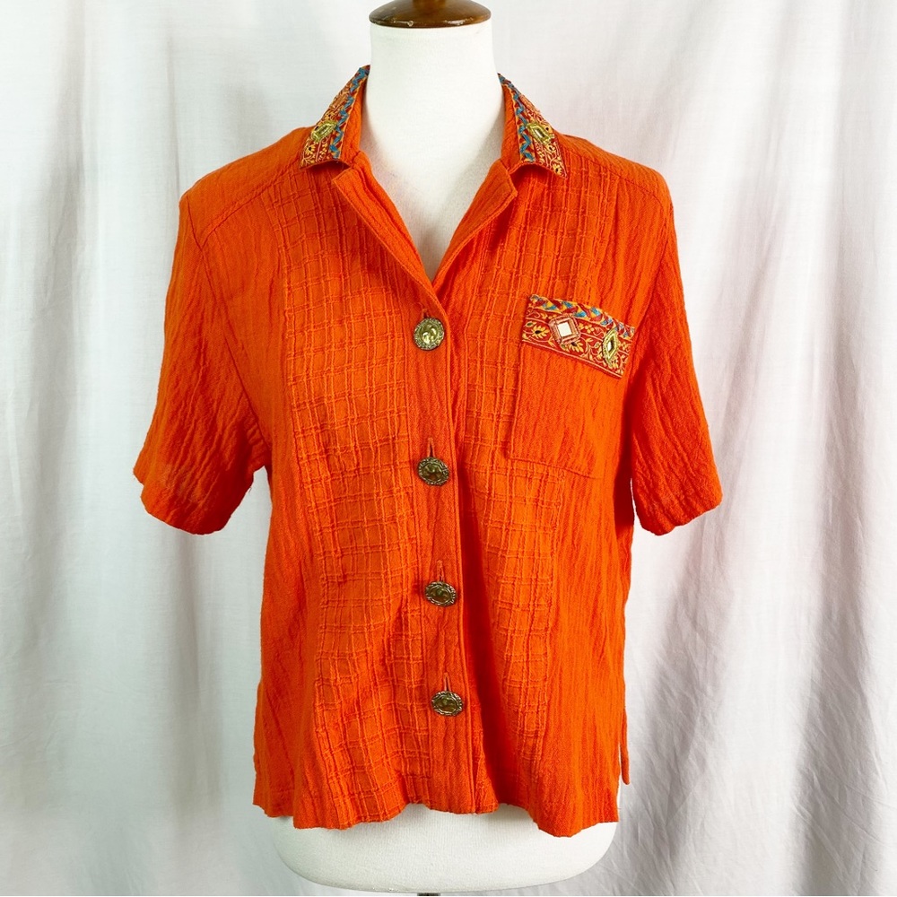 Vintage Orange Embroidered Mirror Button Up Top Med